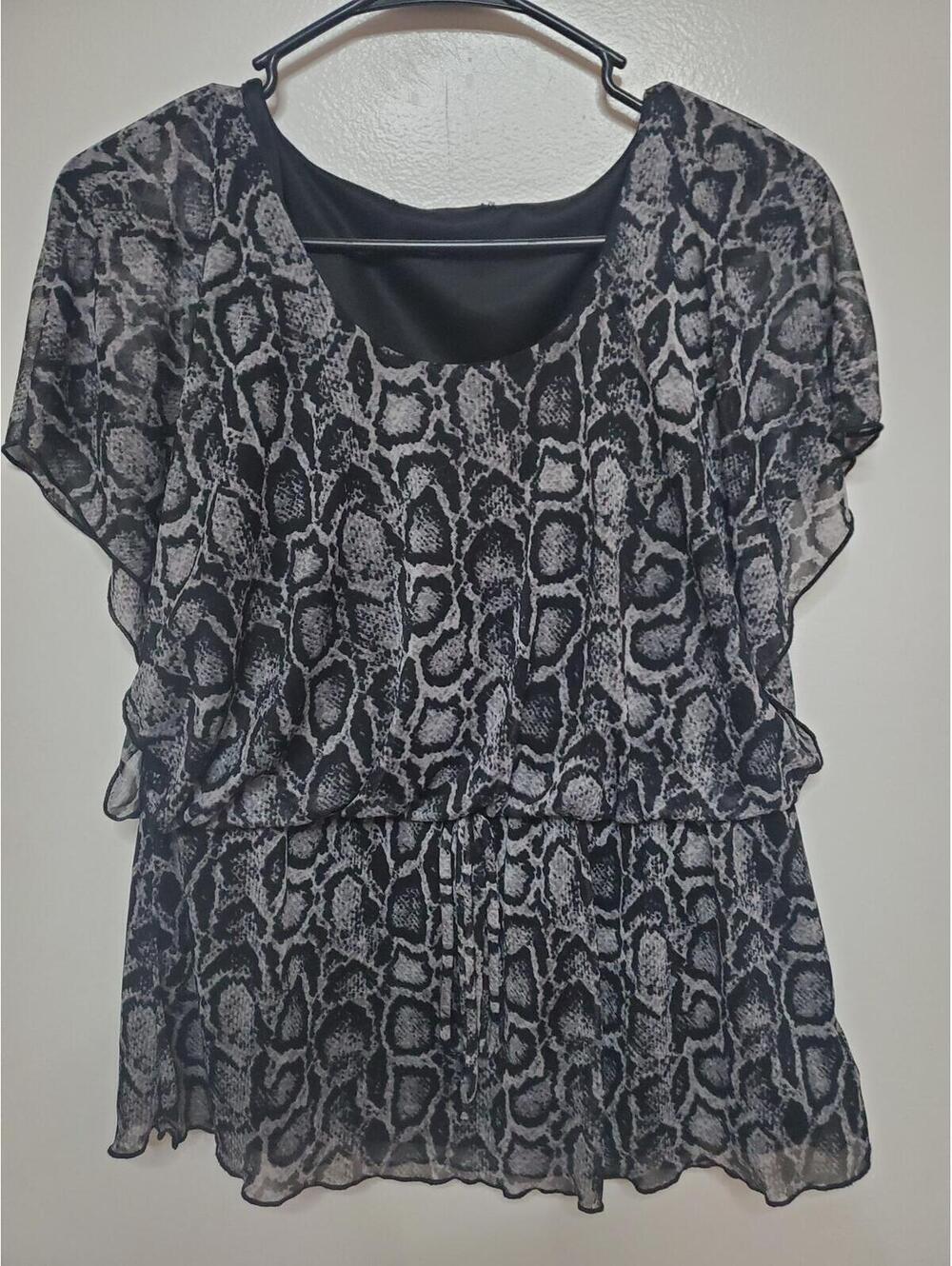 Black and Gray Sheer Animal Print Blouse with Ruffle Sleeves, Size Approximately